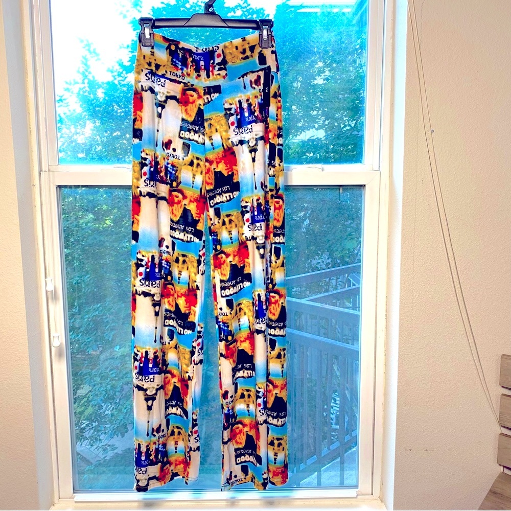 Summer S/M Pants Bohemian Flare City Signs Multi Flare Palazzo Slacks